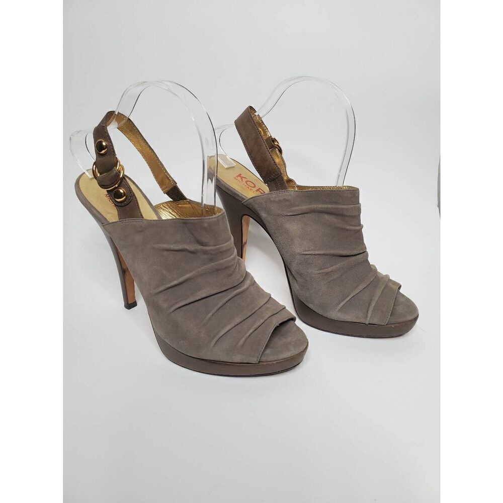 Kors Michael Kors Grey Suede Slingback Peep Toe Platform Heels Leather Slouchy
